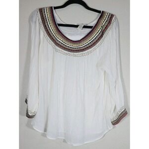 Lucky Brand White Embroidered Peasant Blouse Boho Long Sleeve Size L